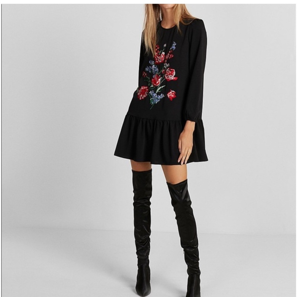 Express Floral Embroidered Drop Waist Dress